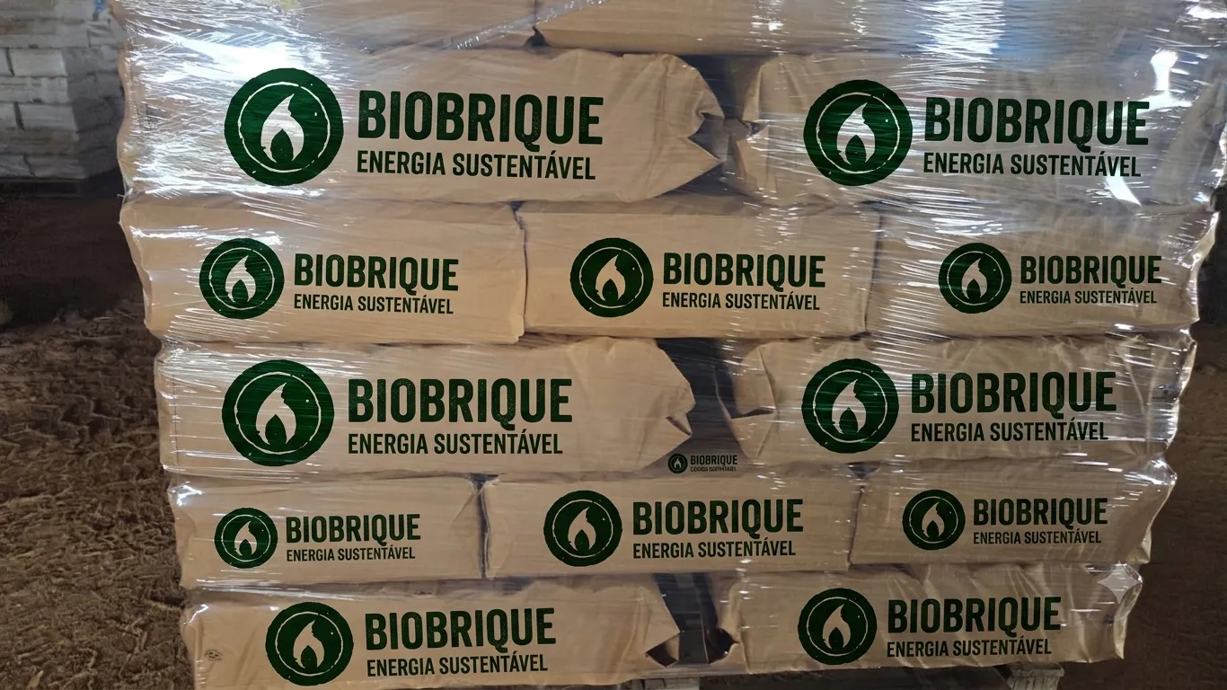Briquetes BioBrique embalados em sacos sobre pallet